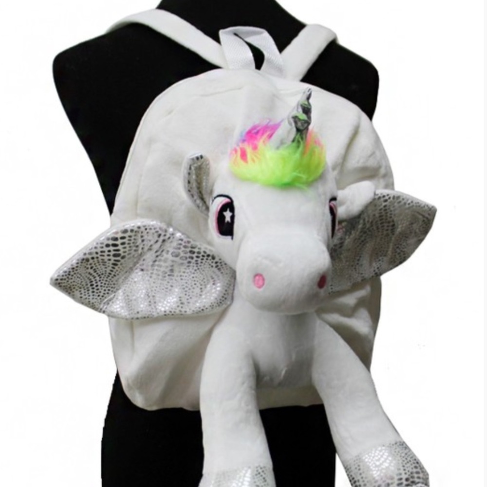First Two Photos 3D Unicorn Metallic Sequin Fuzzy Furry Plush Backpack Bag - Picture 4 of 10